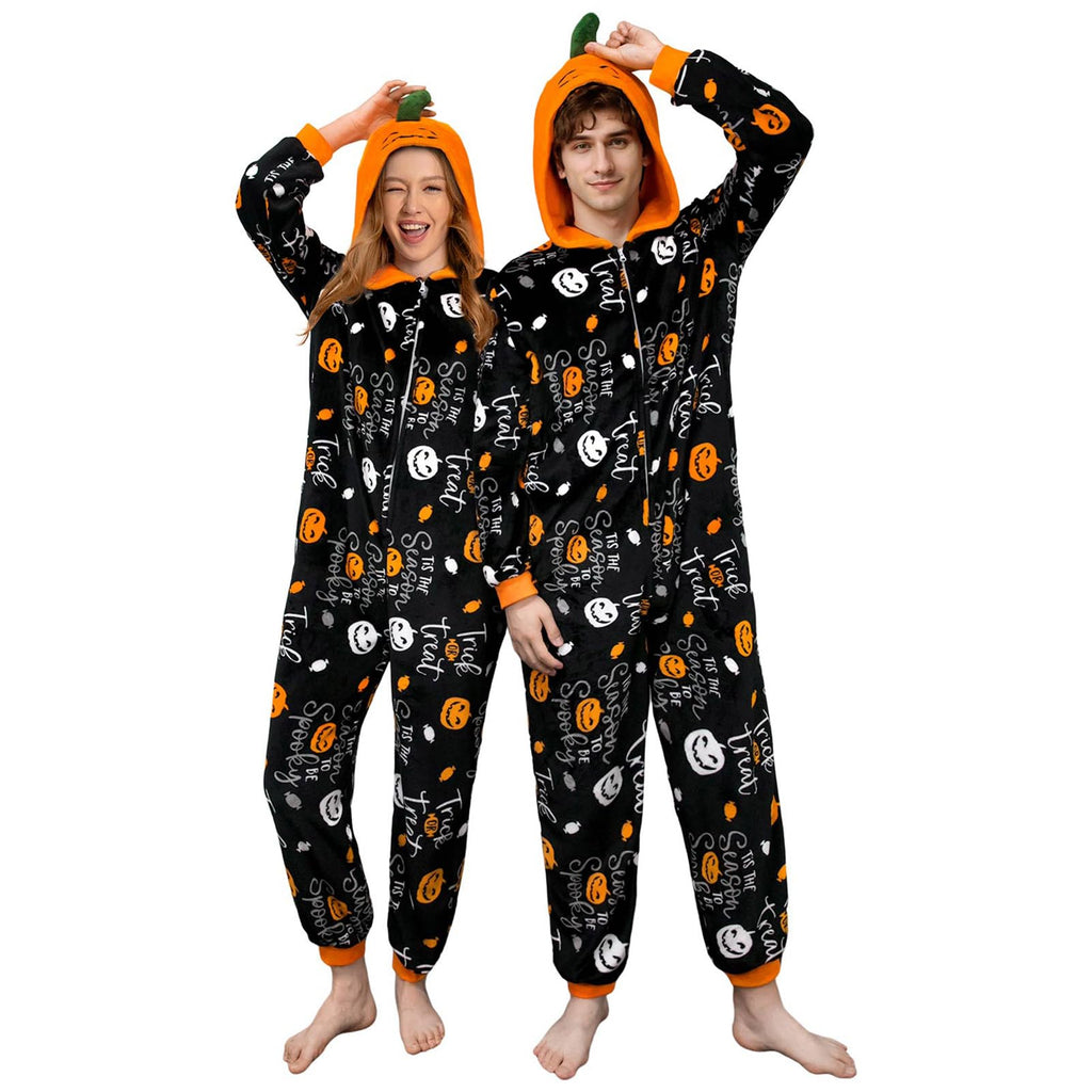 OLAOLA Halloween Costume for Women Men Pumpkin Printed Onesie Pajamas Hooded One-Piece Sleepwear Trick or Treat
