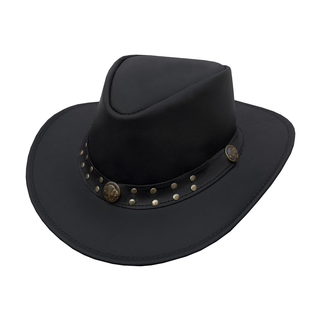 GARGOYLE BELLS Brown Leather Cowboy Western Hat for Men Woman Studded Steampunk Hat Deadman Top Hat for Halloween Costume (Black Small)