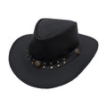 GARGOYLE BELLS Brown Leather Cowboy Western Hat for Men Woman Studded Steampunk Hat Deadman Top Hat for Halloween Costume (Black Small)