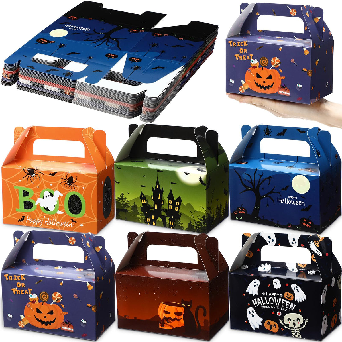 Zhanmai 36 Pack Halloween Treat Box Halloween Goodie Boxes Treat Boxes Halloween Boxes Container Halloween Cookie Cupcake Snack Box with Handle Party Favor Box