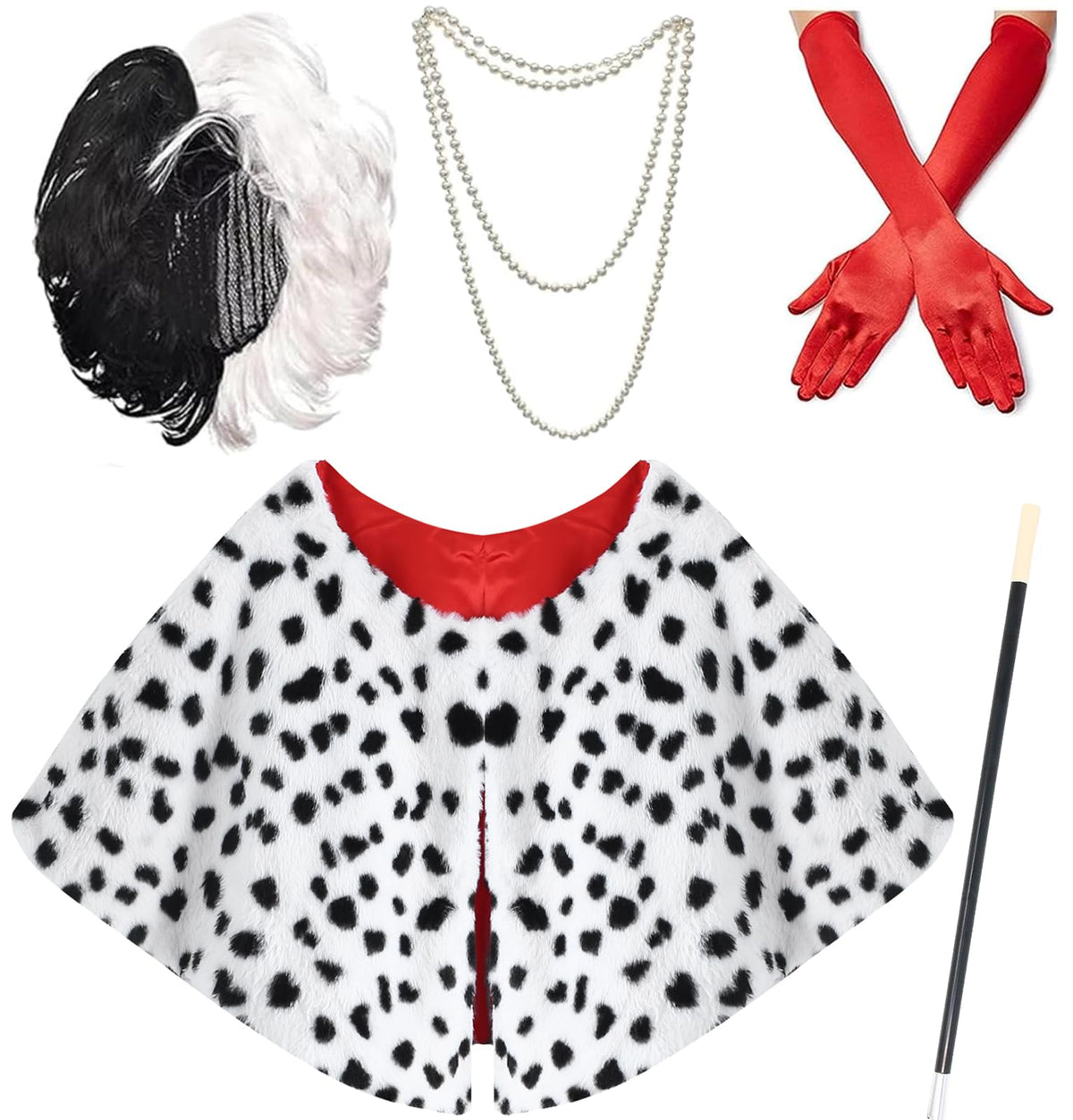 Z-Shop Halloween Costume for Women 2024 Cruella Deville 101 Dalmation Black White Coat Cosplay Wig
