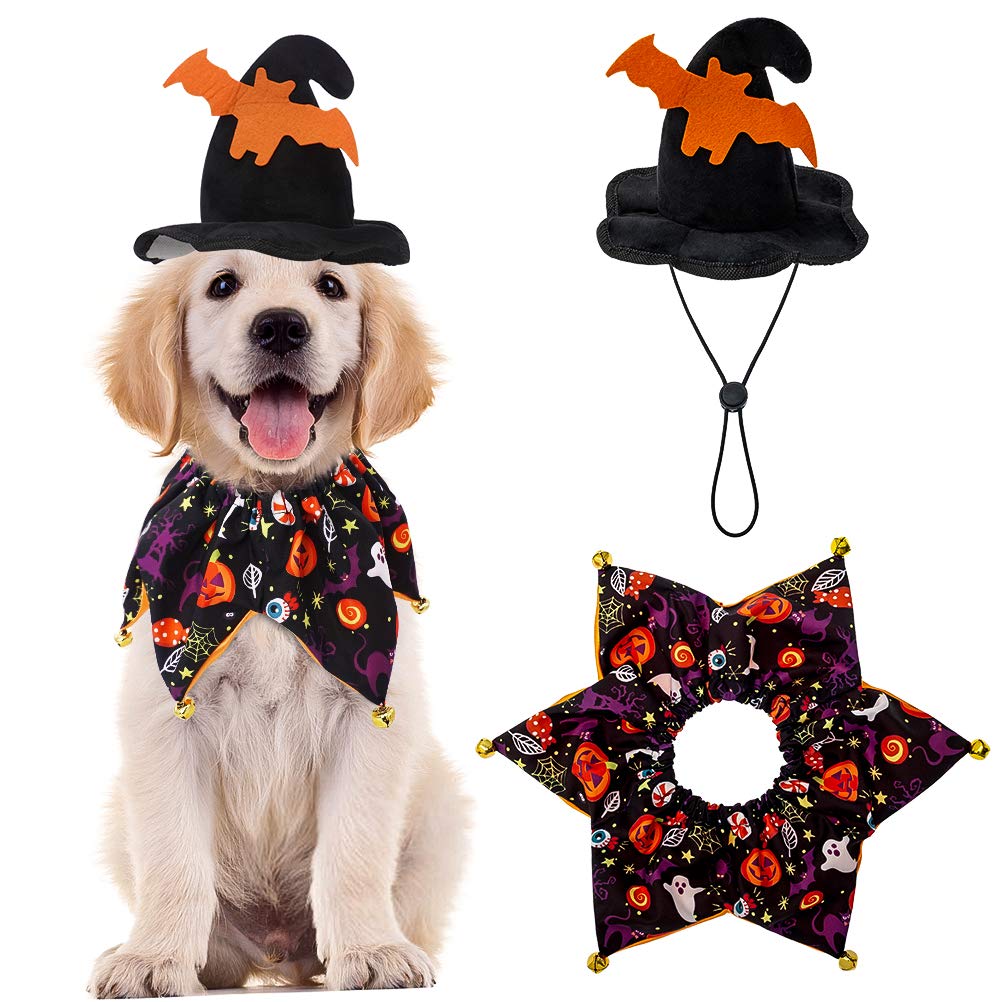 Dog Halloween Costume - Halloween Style Dog Collar with Bells and Wizards hat Set Halloween Pumpkin Pattern for Dog Wearing - Black