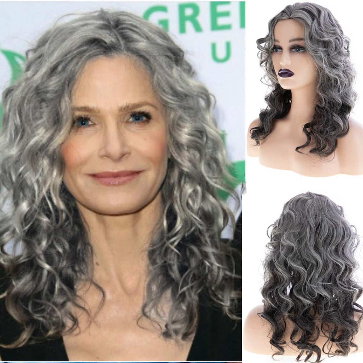 Wiwige Long Curly Wavy Grey Wig for Women Natural Looking Synthetic Halloween Cosplay Costume Wig