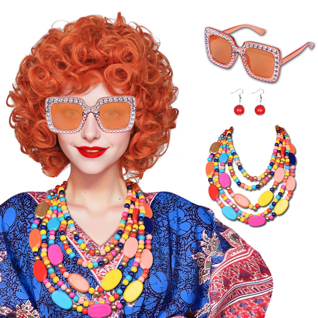 FantaLook Curly Orange Red Cosplay Wig with Necklace Earrings and Sunglasses for Women Halloween Costume