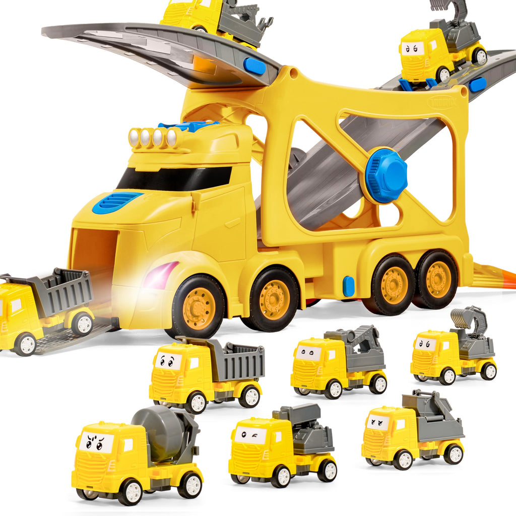 VROOMIX 3-Layer Extra Large Construction Truck Toys for Boy Girls 7-in-1 Big Transport Vehicle Carrier Truck with Directional Tracks Siren & Lights 6 Cars Chrismas Birthday Gifts for 3+ Years Old
