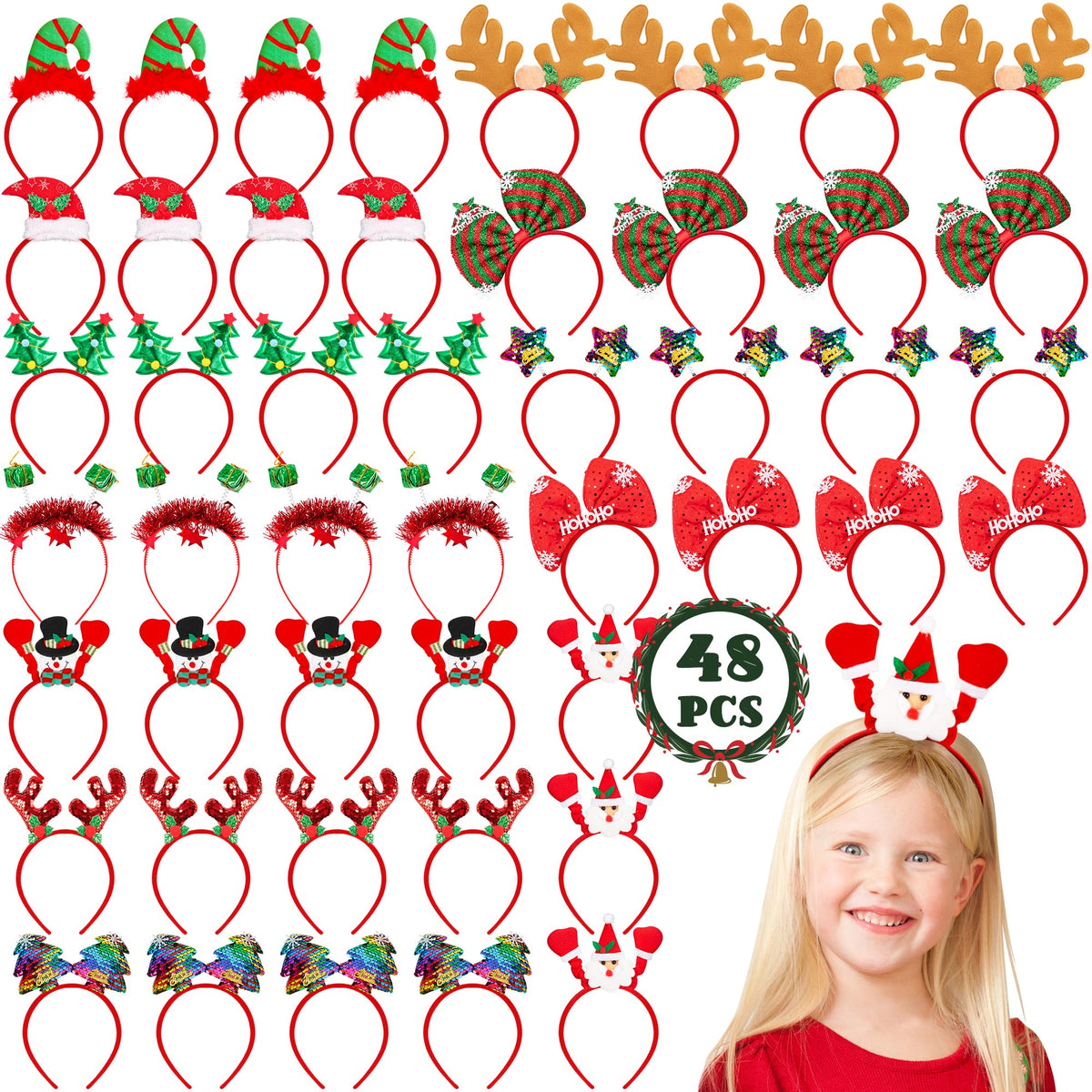 48 Pcs Christmas Headbands Cute Christmas Headwear Christmas Head Boppers Santa Christmas Tree Snowman Colorful Stars Reindeer Antler in 12 Styles for Christmas Party Favors Christmas Holiday