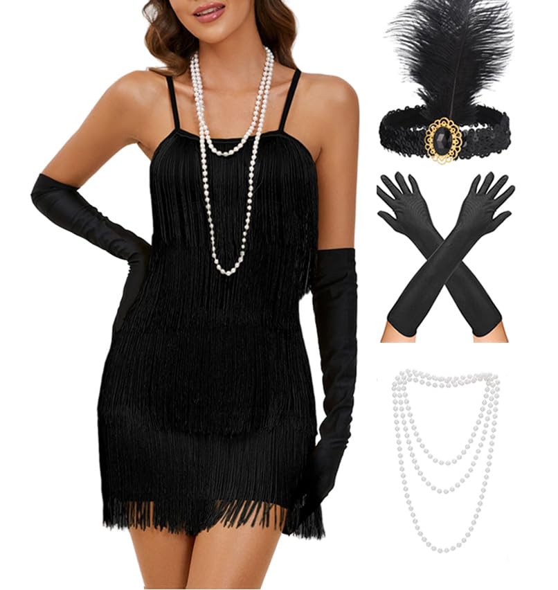 MISSKY Womens 1920s Dress for Women Great Gatsby Tassel Dress with Feather Headband Pearl Necklace Headband Plus size Halloween Costume for Women Black 2XL
