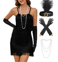 MISSKY Womens 1920s Dress for Women Great Gatsby Tassel Dress with Feather Headband Pearl Necklace Headband Plus size Halloween Costume for Women Black 2XL