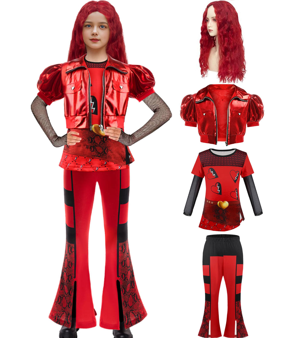 GRIVOS Girl Red Chrismas Costume for kid Rise Red Princess Costume Short Sleeves Jacket Top Flared Pants Wig 4pcs 3-10Y