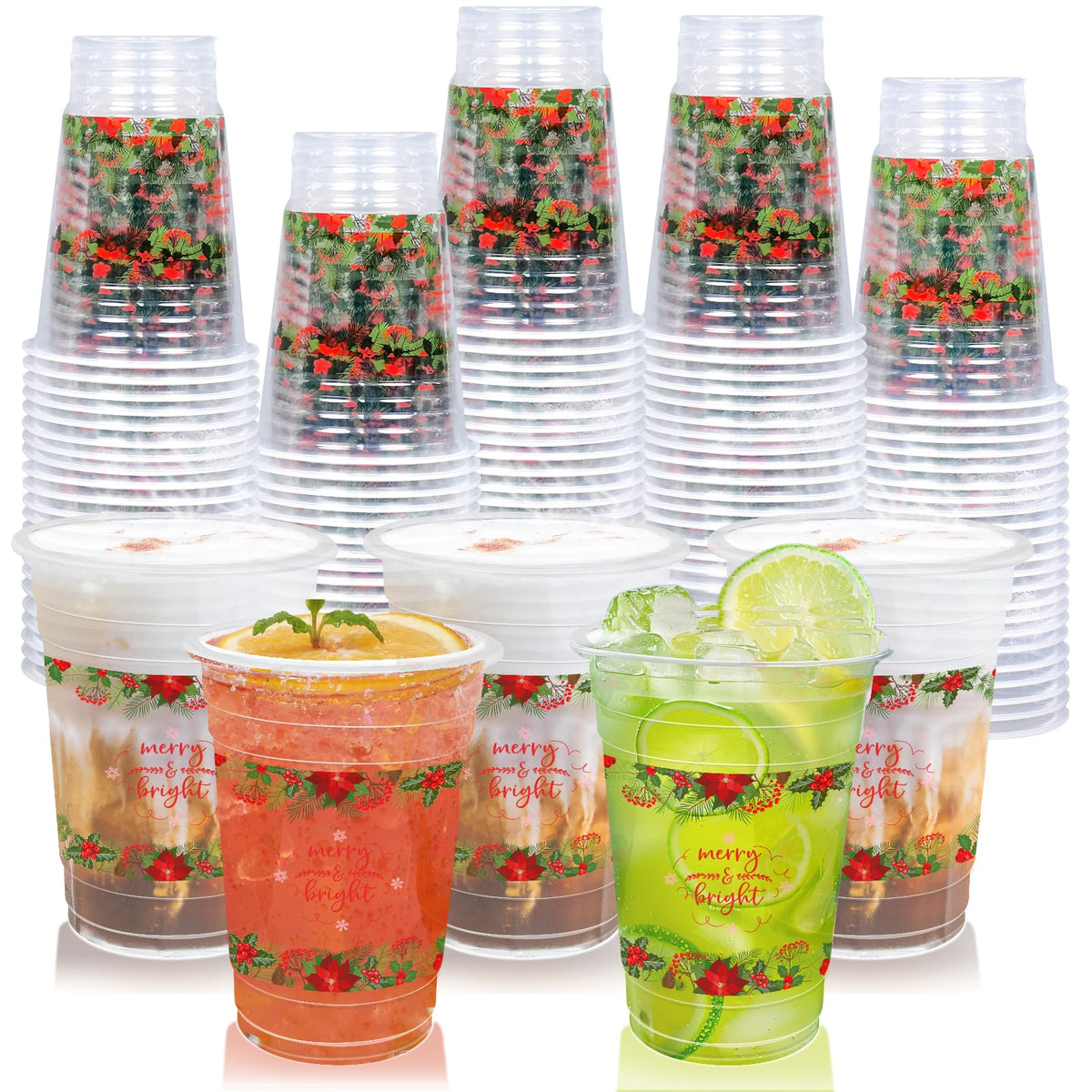 TEASIK 60 Pieces 16oz Christmas Poinsettia CupsChristmas Plastic Christmas Disposable Cups for Christmas Party Supplies Merry Christmas Party Decorations (Christmas)