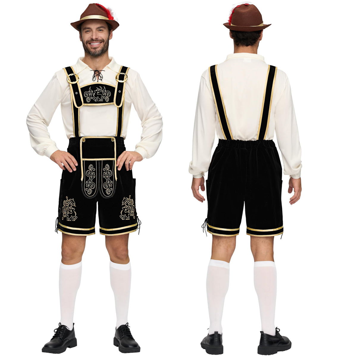 Spooktacular Creations Halloween Men’s Oktoberfest Costume Set Lederhosen Men with German Bavarian Hat Beer Costume Adults Halloween Costumes Dark Outfit for Beer Festival Party (Medium)