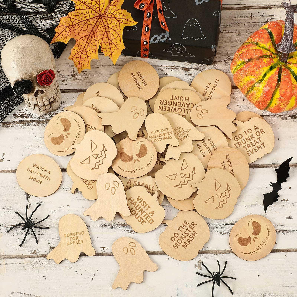 CypherX Halloween Wood Crafts for Kids Halloween Treasure Hunt Tokens for Kids Halloween Activity and Reward Wood Tokens DIY Wood Token Crafts for Kiddo 21 Activities + 9 Rewards Halloween Tokens