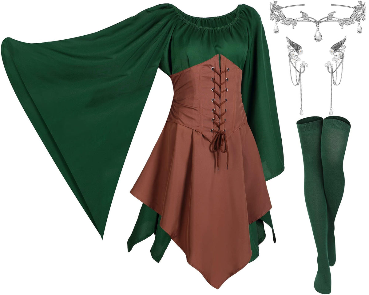 Haysandy 4 Pcs Women Elf Costume Renaissance Traditional Irish Dress Medieval Fairy Costume Elf Ears for Halloween Cosplay(X LargeGreen Brown)
