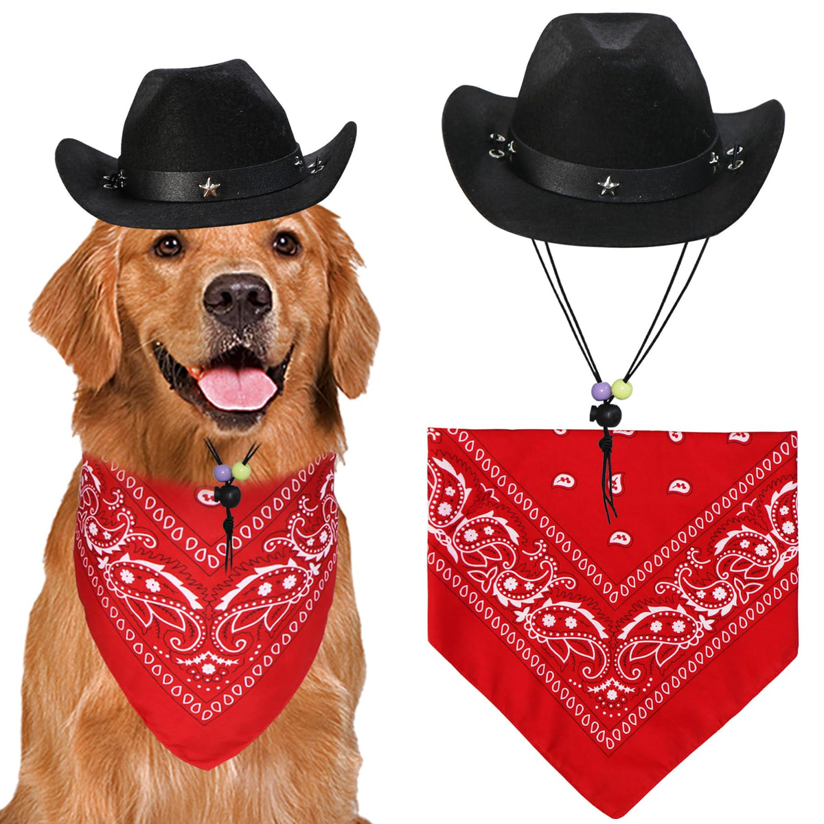 GOYOSWA Dog Halloween Costumes Dog Cowboy Costume Halloween Dog Cowboy Hat Halloween Dog Bandana Scarf Funny Dog Halloween Costumes for Small Medium Large Dogs Pets (Black Hat & Red Bandana Large)