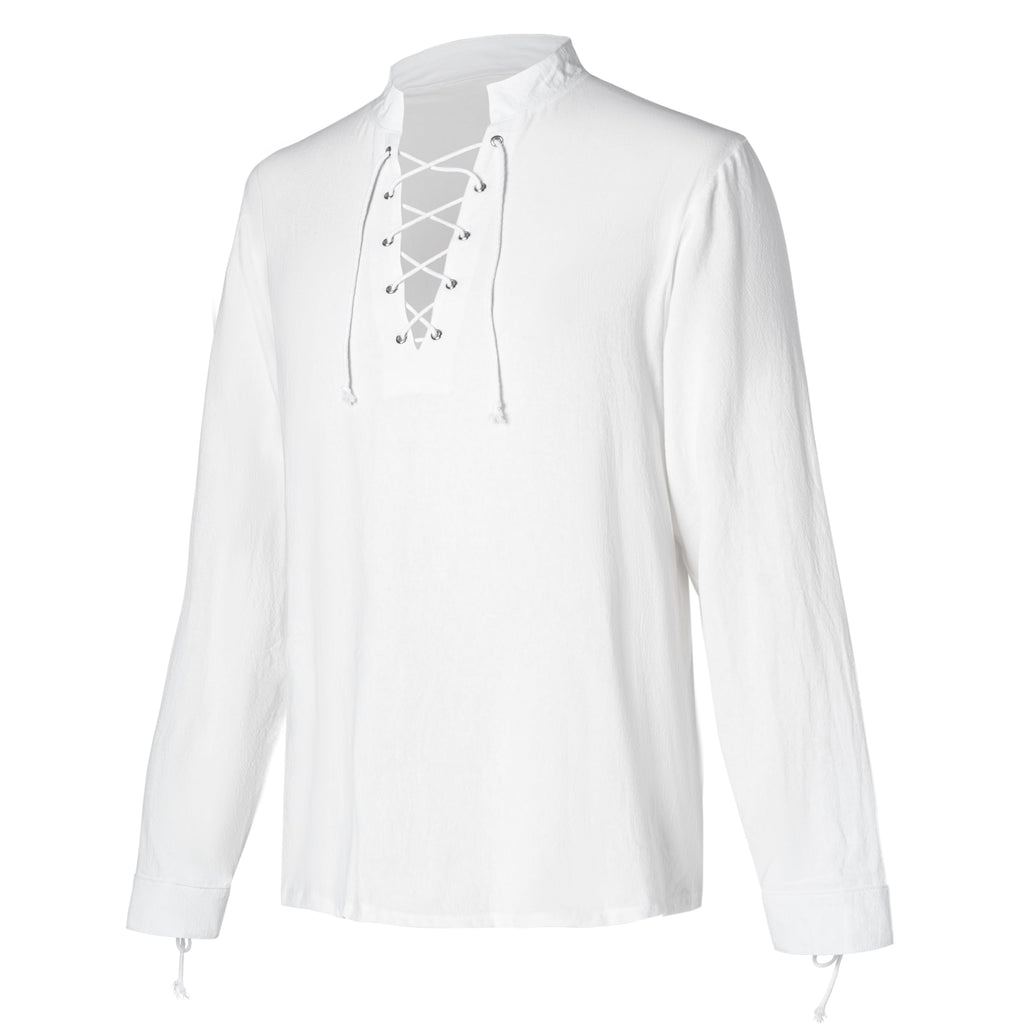 Spooktacular Creations Halloween Renaissance Costume Men Medieval Pirate Shirt White Linen Shirts for Men Lace-up Viking Top for Dress-Up Themed Party (Large)